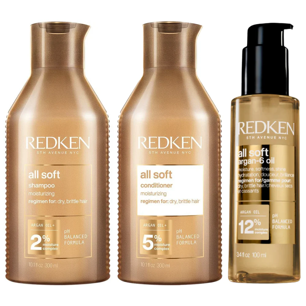 Redken All Soft Moisturising Shampoo 300ml, Conditioner 300ml & Argan-6 Hair Oil 100ml Bundle