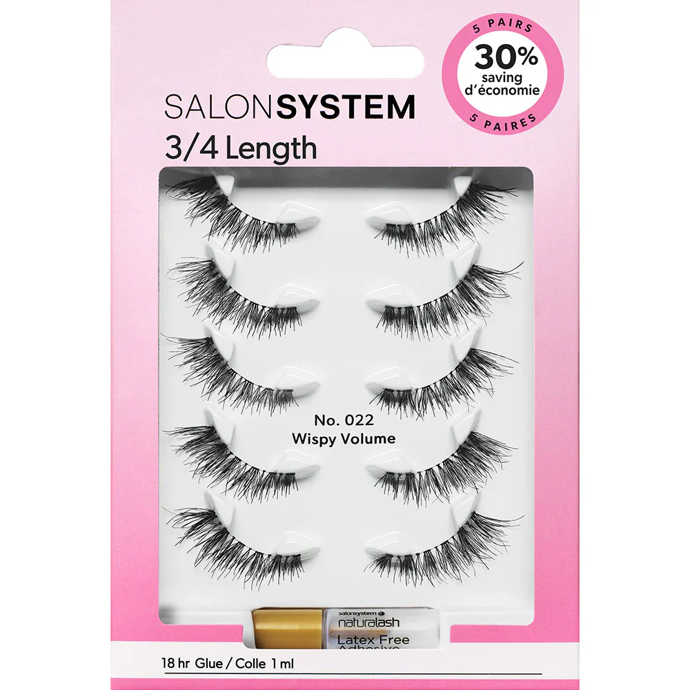 Salon System 3/4 Length Wispy Volume Strip Lashes Black 022 5 Pack