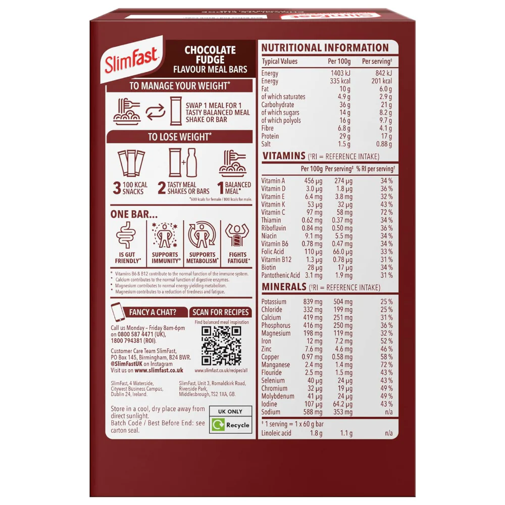 SlimFast Tasty Balanced Meal Chocolate Fudge Meal Replacement Bars Multipack 4 x 60g - Image 3