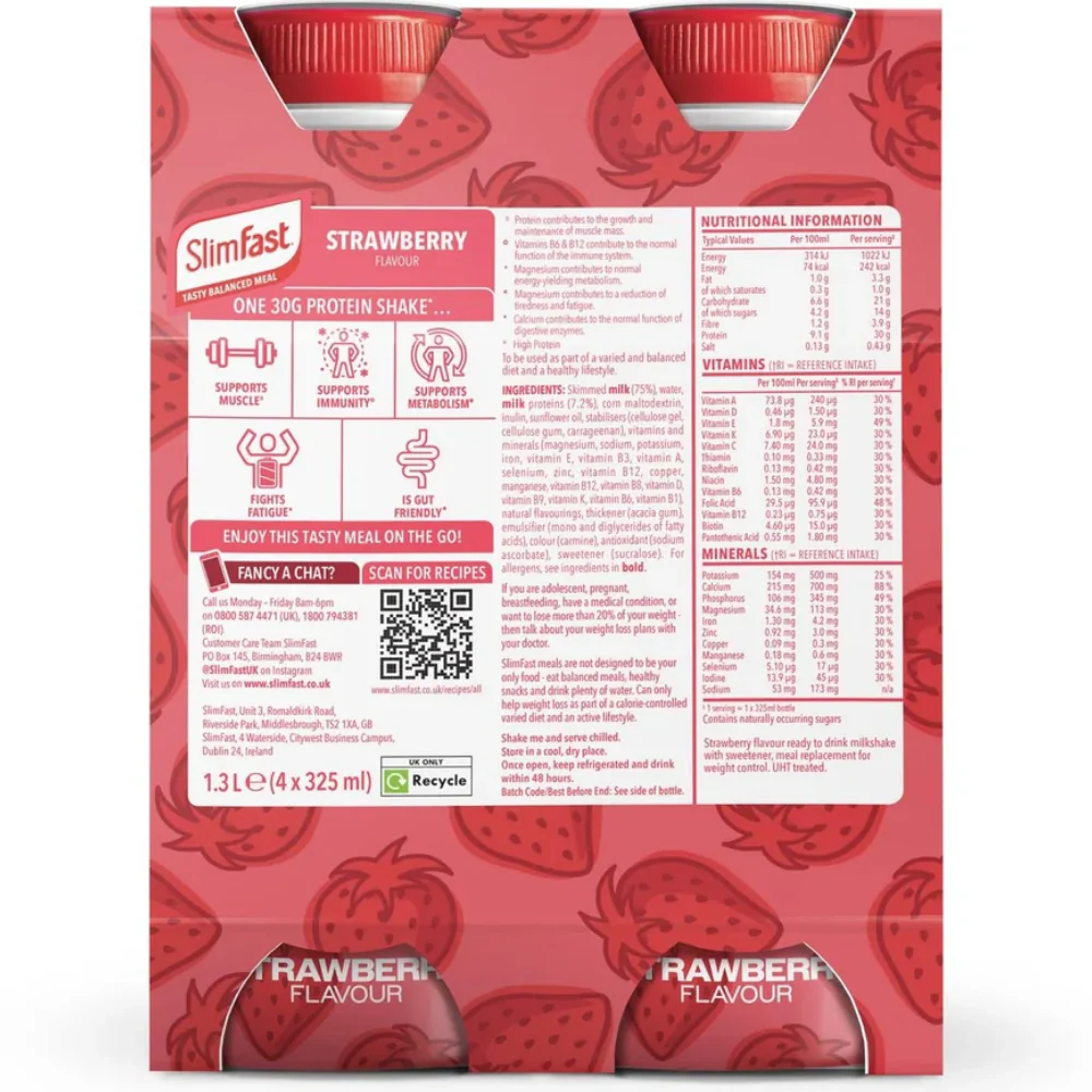 SlimFast Tasty Balanced Meal Strawberry Protein Shake Multipack 4 x 325ml - Image 7