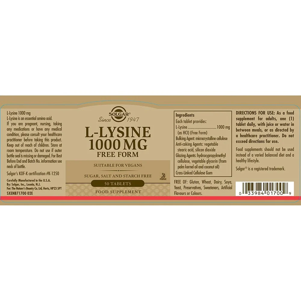 Solgar L-Lysine 1000 mg Free Form 50 Tablets - Image 2